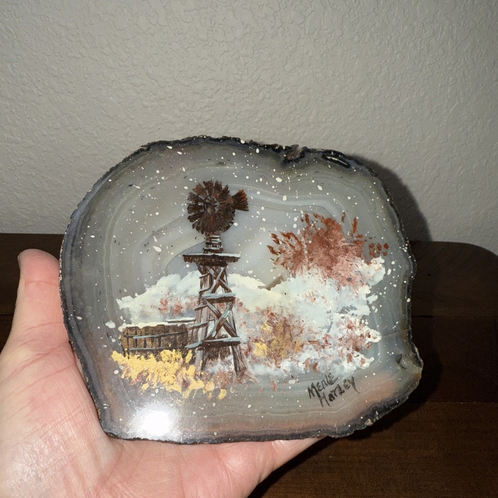 Windmill Farmhouse Scene Hand Painted on Agate Geode Slab by Menle Hatley